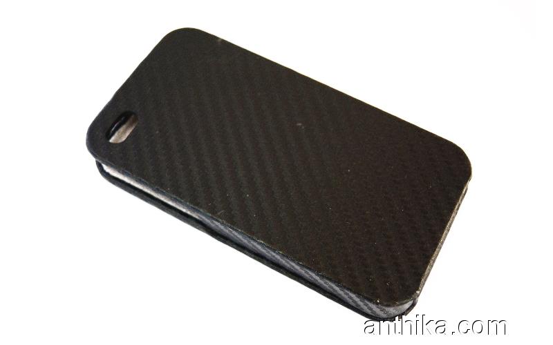 Apple Iphone 4 4G Kapaklı Kılıf Hard Case Black Carbon New