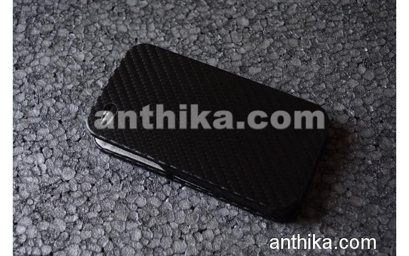 Apple Iphone 4 4G Kapaklı Kılıf Hard Case Black Carbon New